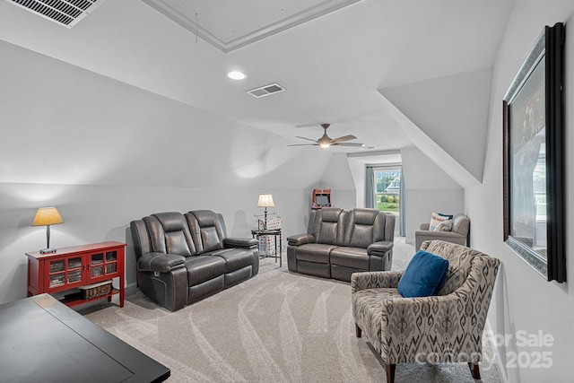 224 Hidden Meadows Dr, Mooresville, NC 28117 - carpeted living room with attic access, vaulted ceiling, ceiling fan, and recessed lighting