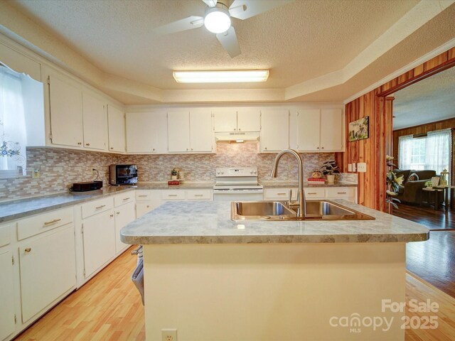 4115 Jenkins Rd, Marshville, NC 28103 - kitchen with white electric range, under cabinet range hood, light wood-style flooring, tasteful backsplash, and a textured ceiling