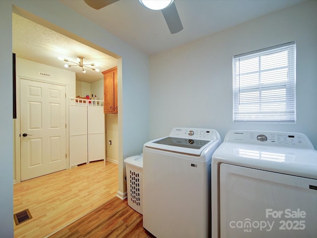 4115 Jenkins Rd, Marshville, NC 28103 - washroom with independent washer and dryer, cabinet space, ceiling fan, and light wood-style flooring