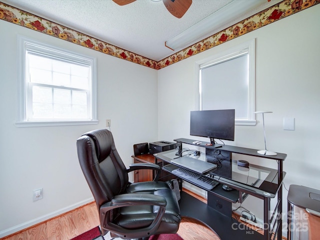 4115 Jenkins Rd, Marshville, NC 28103 - home office featuring a textured ceiling, wood finished floors, and ceiling fan