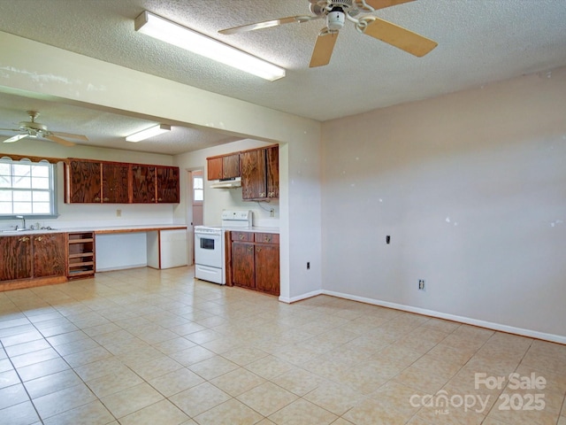 4115 Jenkins Rd, Marshville, NC 28103 - kitchen featuring electric range, ceiling fan, a textured ceiling, under cabinet range hood, and light countertops