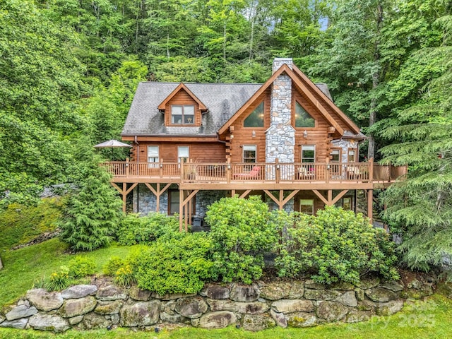 120 Rocky Mountain Dr, Lake Lure, NC 28746 - back of house featuring a wooden deck, log siding, a chimney, and stone siding