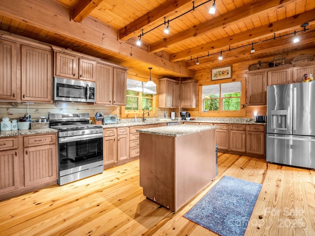 120 Rocky Mountain Dr, Lake Lure, NC 28746 - kitchen with stainless steel appliances, track lighting, a wood ceiling with exposed beams, light wood-style floors, and a kitchen island