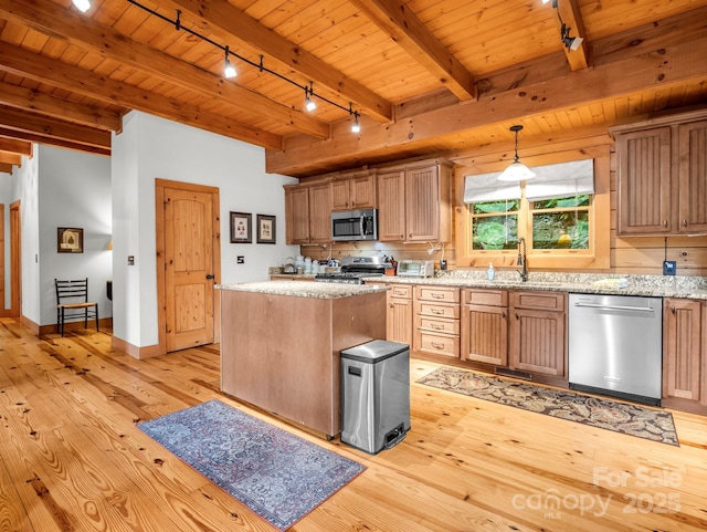 120 Rocky Mountain Dr, Lake Lure, NC 28746 - kitchen featuring stainless steel appliances, rail lighting, a wooden ceiling with exposed beams, light wood-style flooring, and a kitchen island