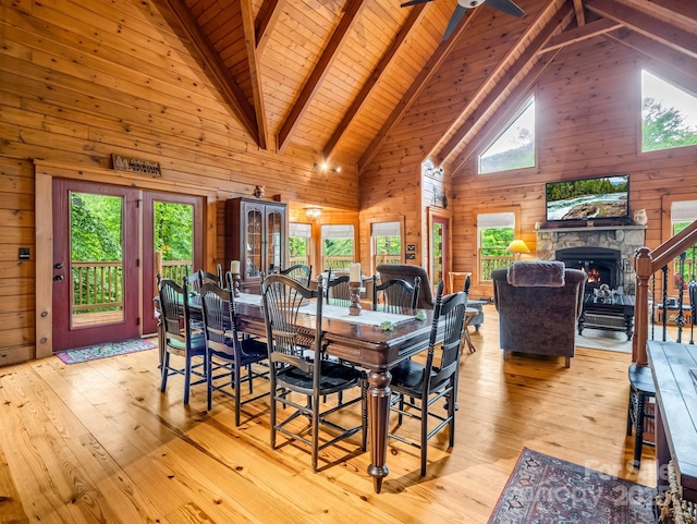 120 Rocky Mountain Dr, Lake Lure, NC 28746 - dining area featuring wooden walls, high vaulted ceiling, light wood-style floors, a wooden ceiling with exposed beams, and a fireplace