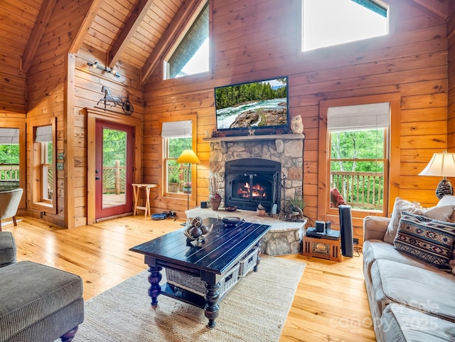 120 Rocky Mountain Dr, Lake Lure, NC 28746 - living room featuring wood-type flooring, high vaulted ceiling, wood walls, a wooden ceiling with exposed beams, and a fireplace