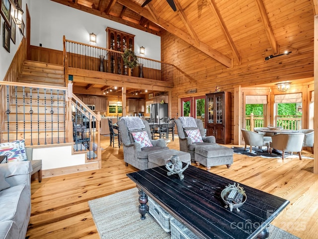 120 Rocky Mountain Dr, Lake Lure, NC 28746 - living area featuring stairs, wood walls, wood finished floors, a wooden ceiling with exposed beams, and high vaulted ceiling