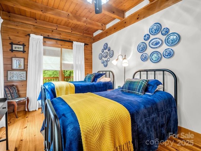 120 Rocky Mountain Dr, Lake Lure, NC 28746 - bedroom with hardwood / wood-style flooring, a wood ceiling with exposed beams, and wooden walls