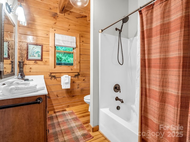 120 Rocky Mountain Dr, Lake Lure, NC 28746 - bathroom featuring vanity, wood walls, wood finished floors, and shower / tub combo