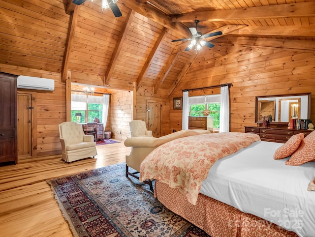 120 Rocky Mountain Dr, Lake Lure, NC 28746 - bedroom with a wall mounted air conditioner, multiple windows, wood ceiling, wood walls, and light wood finished floors