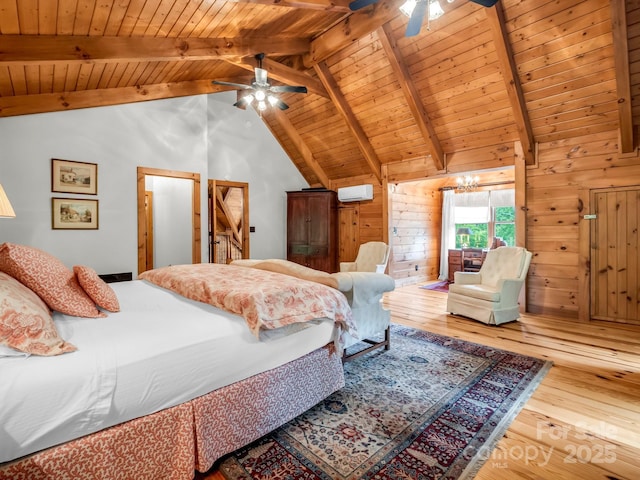120 Rocky Mountain Dr, Lake Lure, NC 28746 - bedroom with wooden ceiling, hardwood / wood-style flooring, an AC wall unit, and wood walls