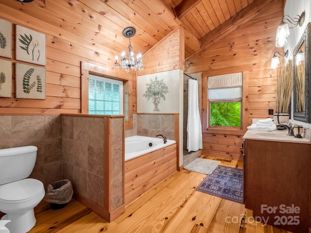 120 Rocky Mountain Dr, Lake Lure, NC 28746 - full bathroom featuring wood-type flooring, wood ceiling, vanity, a garden tub, and a chandelier
