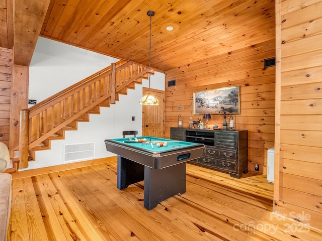120 Rocky Mountain Dr, Lake Lure, NC 28746 - rec room with light wood finished floors, billiards, wood ceiling, and wood walls