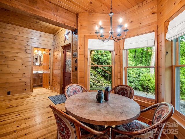 120 Rocky Mountain Dr, Lake Lure, NC 28746 - dining space with wooden walls, a chandelier, light wood-style floors, and wooden ceiling