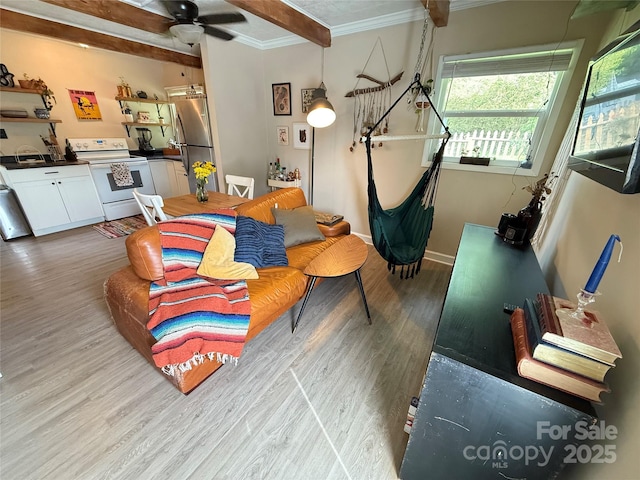 1 Fullam Dr, Arden, NC 28704 - living area with crown molding, light wood-type flooring, ceiling fan, beam ceiling, and baseboards