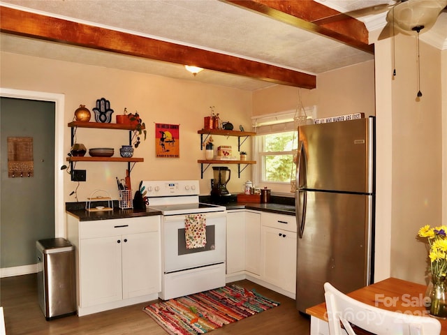 1 Fullam Dr, Arden, NC 28704 - kitchen featuring freestanding refrigerator, open shelves, electric stove, beamed ceiling, and wood finished floors