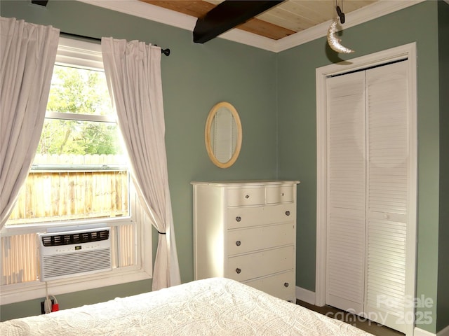 1 Fullam Dr, Arden, NC 28704 - bedroom featuring wood ceiling with exposed beams, ornamental molding, a closet, and cooling unit