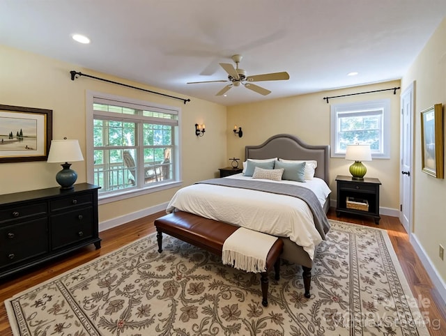 355 Rosewood Ln, Burnsville, NC 28714 - bedroom with wood finished floors, baseboards, recessed lighting, and ceiling fan