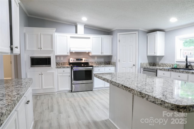 1184 Sherwood Rd, Clover, SC 29710 - kitchen featuring stainless steel appliances, a sink, crown molding, under cabinet range hood, and lofted ceiling