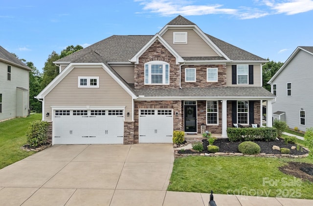 7339 Millstone Cir SW, Concord, NC 28025 - view of front facade with stone siding, concrete driveway, a front yard, and a porch