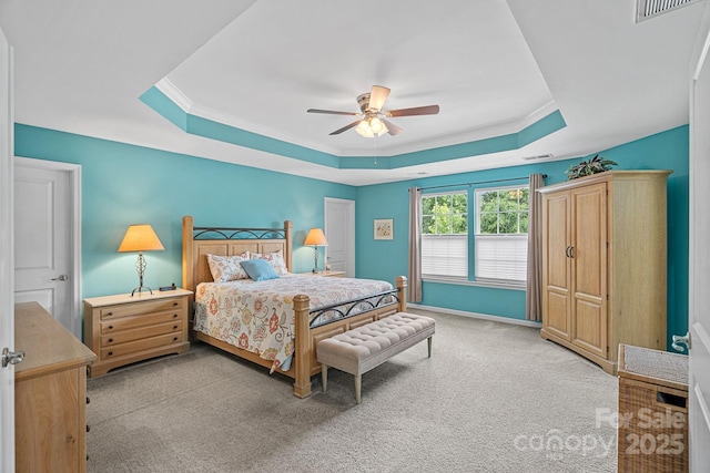 7339 Millstone Cir SW, Concord, NC 28025 - bedroom with a tray ceiling, carpet flooring, crown molding, a ceiling fan, and baseboards