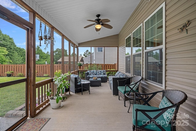 7339 Millstone Cir SW, Concord, NC 28025 - sunroom with an outdoor living space, ceiling fan, and lofted ceiling