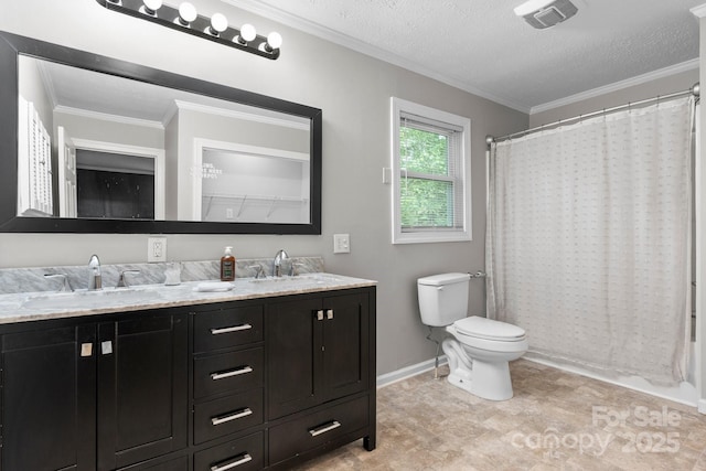 352 18th Ave NE, Hickory, NC 28601 - full bath featuring toilet, double vanity, crown molding, baseboards, and a shower with shower curtain