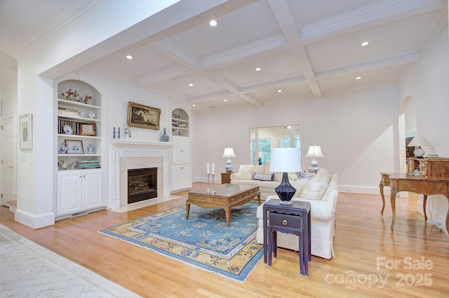 4323 Rosecliff Dr, Charlotte, NC 28277 - living area featuring light wood-type flooring, a fireplace with flush hearth, beam ceiling, recessed lighting, and coffered ceiling