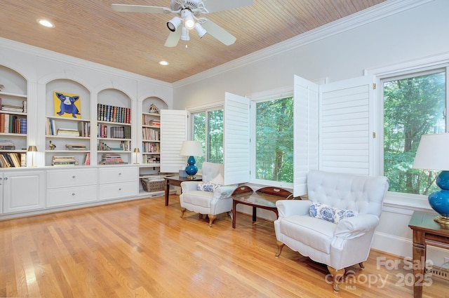 4323 Rosecliff Dr, Charlotte, NC 28277 - sitting room with ornamental molding, wooden ceiling, light wood-style flooring, and a ceiling fan