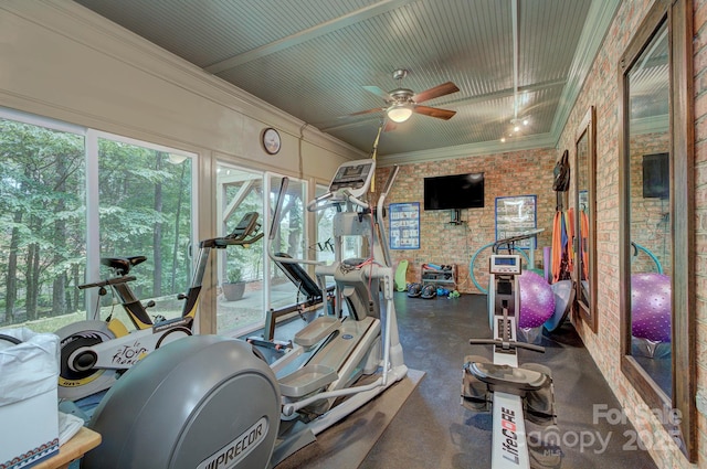 4323 Rosecliff Dr, Charlotte, NC 28277 - exercise area featuring brick wall, ceiling fan, and ornamental molding