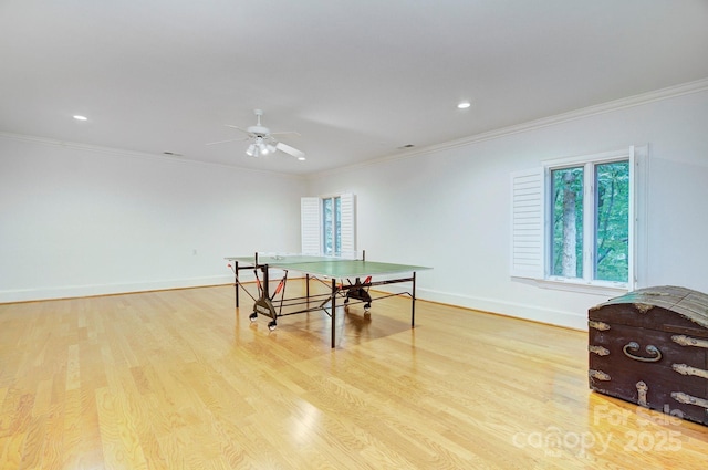 4323 Rosecliff Dr, Charlotte, NC 28277 - recreation room featuring healthy amount of natural light, wood finished floors, ceiling fan, ornamental molding, and recessed lighting