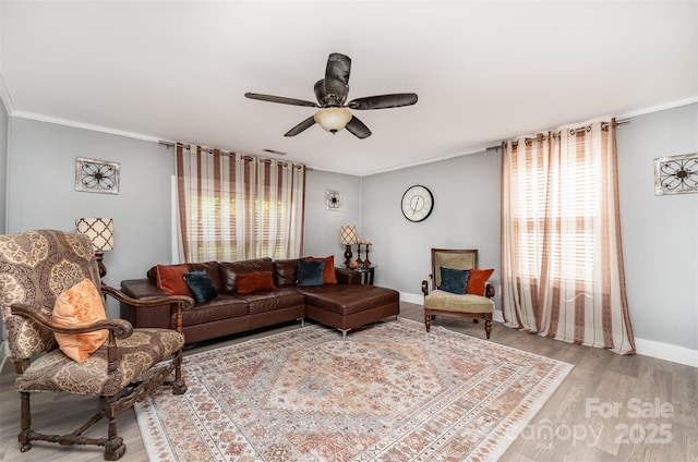 12504 Culp Rd, Gold Hill, NC 28071 - living room featuring wood finished floors, ceiling fan, and crown molding