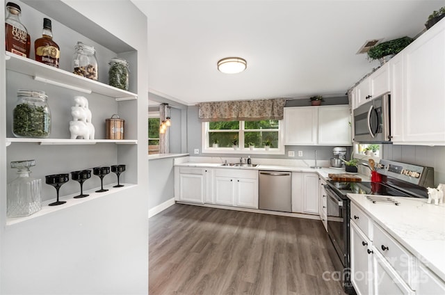 12504 Culp Rd, Gold Hill, NC 28071 - kitchen featuring stainless steel appliances, white cabinets, dark wood finished floors, and open shelves