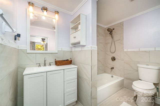 12504 Culp Rd, Gold Hill, NC 28071 - bathroom featuring tile walls, ornamental molding, tub / shower combination, vanity, and a wainscoted wall
