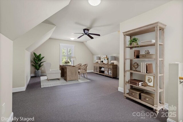 311 Carriage Crest Dr, Hendersonville, NC 28791 - office space with ceiling fan, dark colored carpet, lofted ceiling, and baseboards