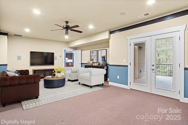 311 Carriage Crest Dr, Hendersonville, NC 28791 - living area featuring french doors, carpet floors, a ceiling fan, and recessed lighting