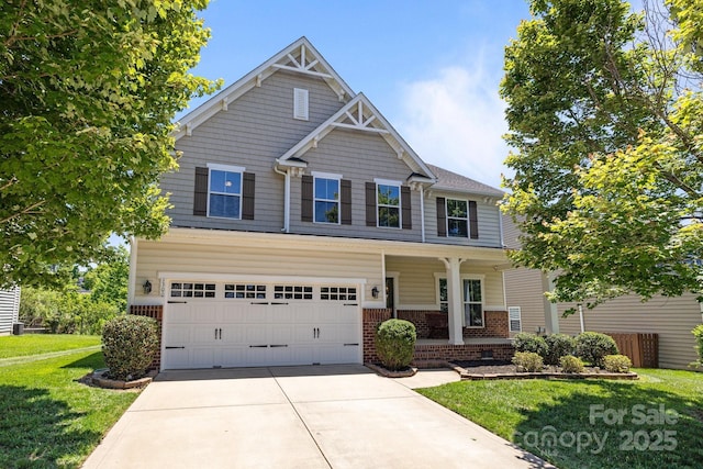 1300 Yellow Springs Dr, Indian Land, SC 29707 - craftsman house with covered porch, a front yard, driveway, an attached garage, and brick siding