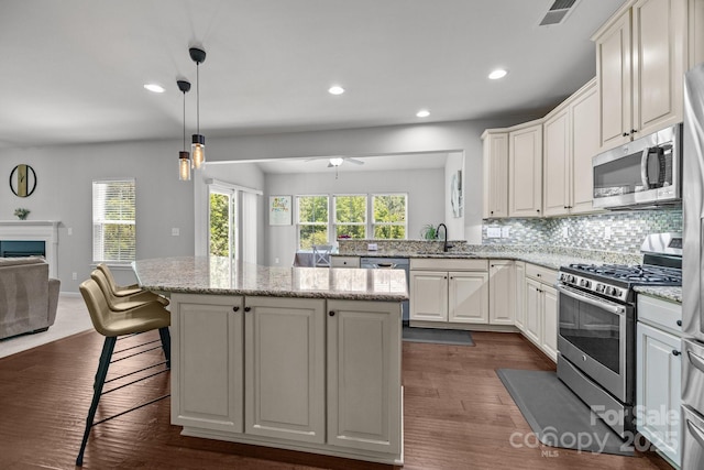 1300 Yellow Springs Dr, Indian Land, SC 29707 - kitchen with stainless steel appliances, open floor plan, a sink, a center island, and dark wood finished floors