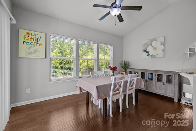 1300 Yellow Springs Dr, Indian Land, SC 29707 - dining area with vaulted ceiling, dark wood-style flooring, a ceiling fan, and baseboards