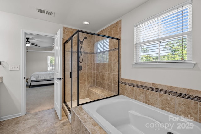 1300 Yellow Springs Dr, Indian Land, SC 29707 - ensuite bathroom featuring a garden tub, a stall shower, a ceiling fan, and recessed lighting