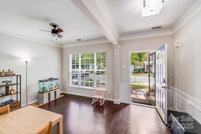 11714 Harsworth Ln, Charlotte, NC 28277 - foyer entrance featuring ornamental molding, wood finished floors, a ceiling fan, and wainscoting
