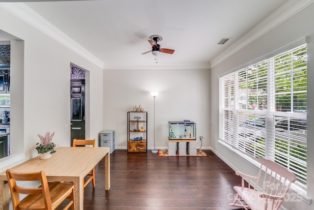 11714 Harsworth Ln, Charlotte, NC 28277 - dining area with a ceiling fan, crown molding, dark wood-style floors, and baseboards