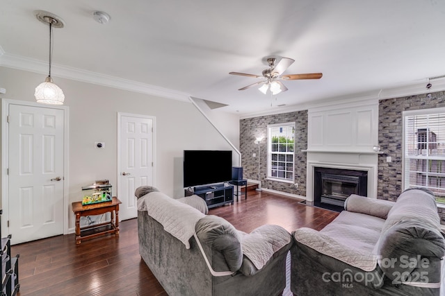 11714 Harsworth Ln, Charlotte, NC 28277 - living room with ceiling fan, dark wood-style flooring, a fireplace with flush hearth, and ornamental molding