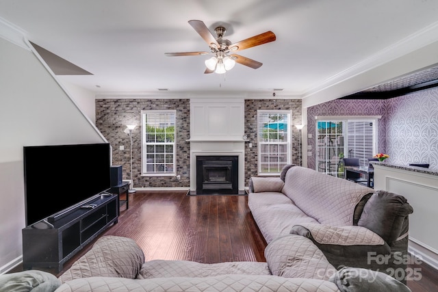 11714 Harsworth Ln, Charlotte, NC 28277 - living area featuring healthy amount of natural light, wood finished floors, ornamental molding, a ceiling fan, and wallpapered walls