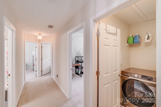 11714 Harsworth Ln, Charlotte, NC 28277 - washroom featuring washer / clothes dryer, light colored carpet, attic access, and baseboards