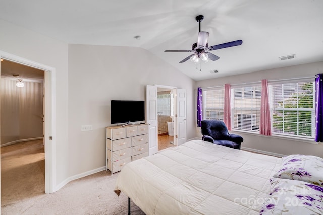 11714 Harsworth Ln, Charlotte, NC 28277 - bedroom featuring vaulted ceiling, light colored carpet, baseboards, ceiling fan, and connected bathroom