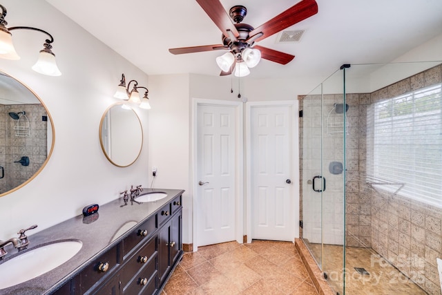 11714 Harsworth Ln, Charlotte, NC 28277 - full bath with double vanity, a ceiling fan, and a shower stall