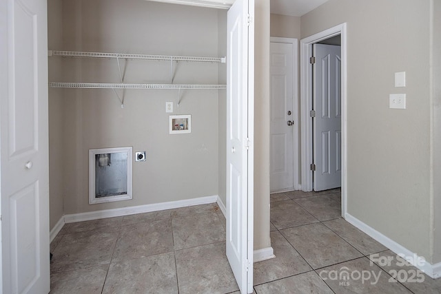 8432 Spirea Ct, Charlotte, NC 28215 - laundry room featuring hookup for a washing machine, baseboards, light tile patterned flooring, and hookup for an electric dryer