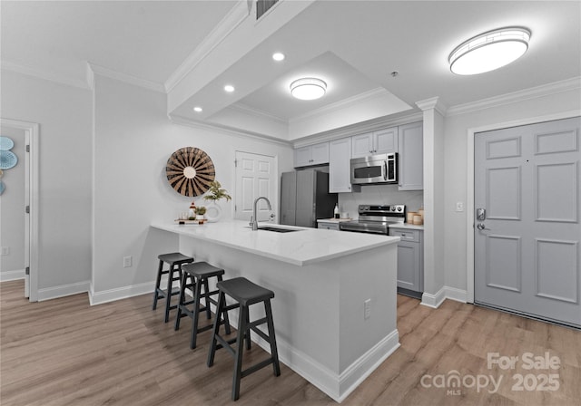 300 W Fifth St Unit 509, Charlotte, NC 28202 - kitchen featuring appliances with stainless steel finishes, a kitchen breakfast bar, a sink, light wood-style flooring, and crown molding