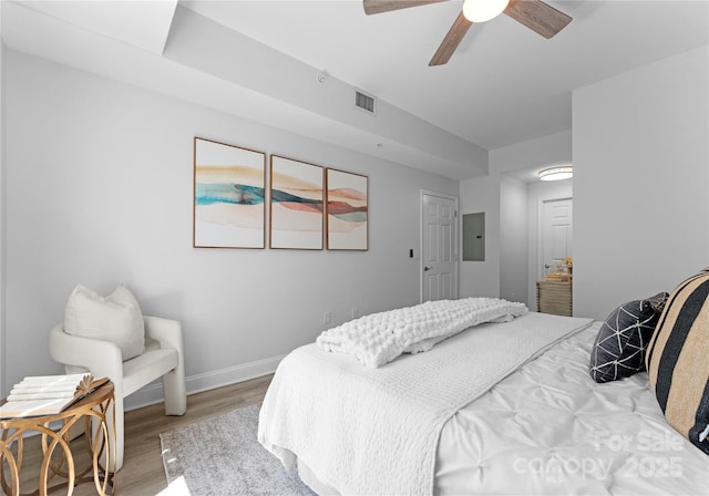 300 W Fifth St Unit 509, Charlotte, NC 28202 - bedroom with electric panel, wood finished floors, baseboards, and ceiling fan